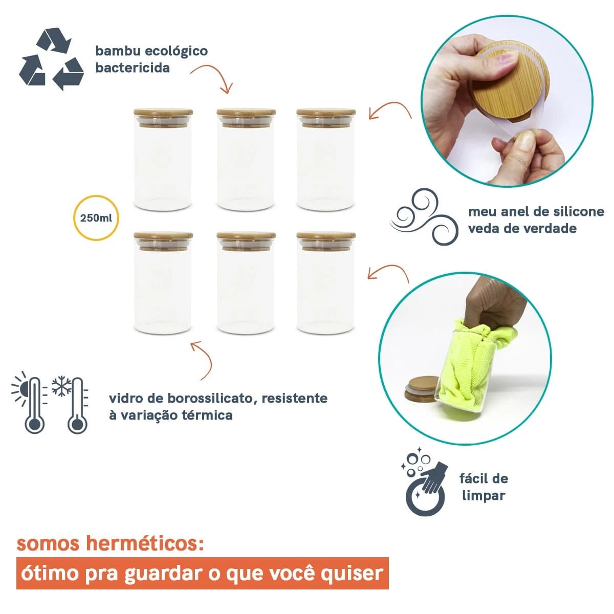 Jogo de 6 Potes Herméticos de Vidro Tampa de Bambu - 250 Ml Oikos Natural — foto 3 de 8