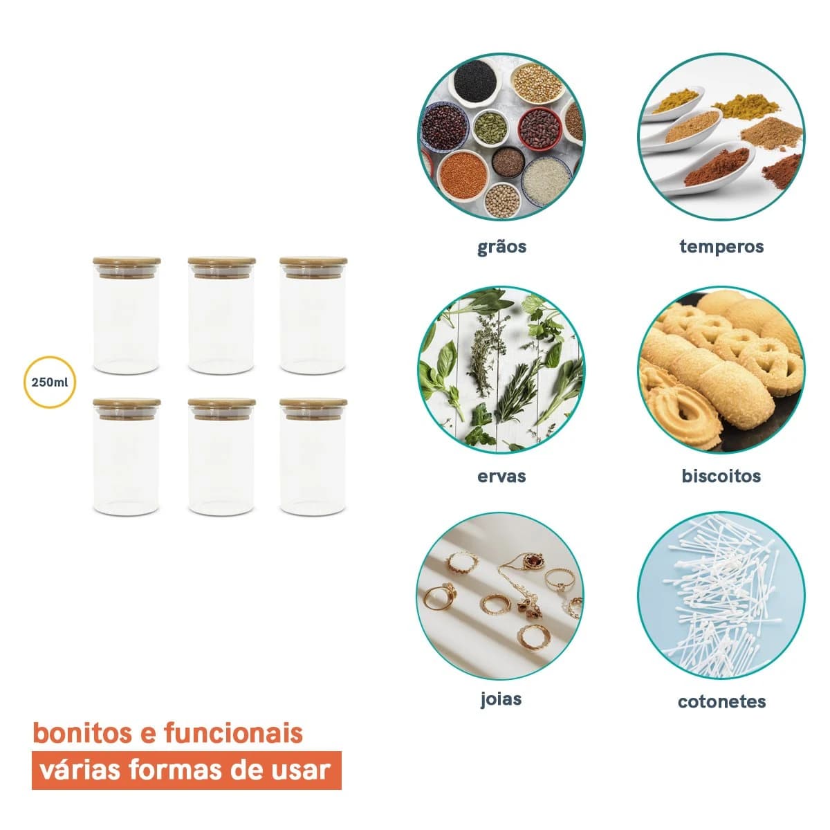 Jogo de 6 Potes Herméticos de Vidro Tampa de Bambu - 250 Ml Oikos Natural — foto 4 de 8