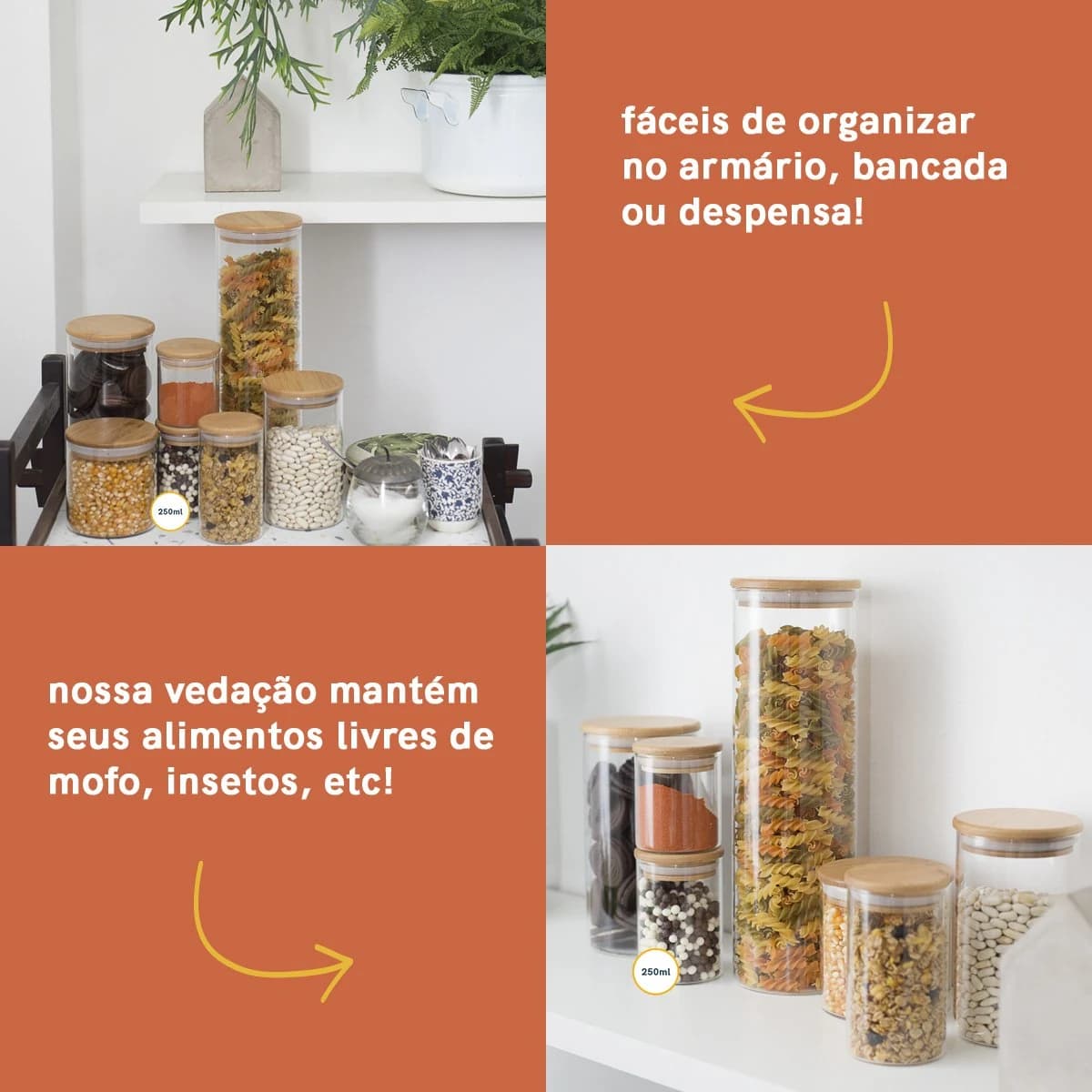 Jogo de 6 Potes Herméticos de Vidro Tampa de Bambu - 250 Ml Oikos Natural — foto 6 de 8