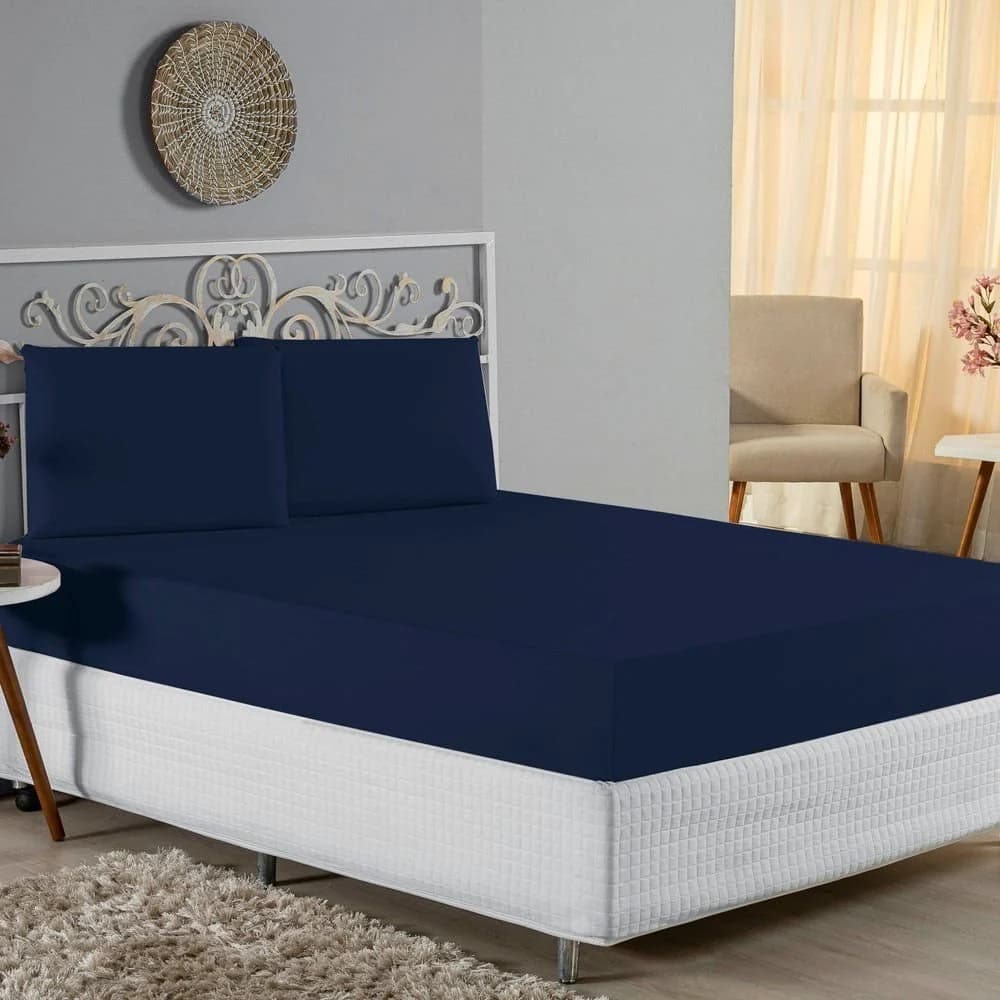 Jogo de Cama Casal Nobre 3 Peças Lençol com Elástico de 30cm de Altura Malha 100% Algodão - Azul-Marinho Azul · Casal — foto 1 de 4