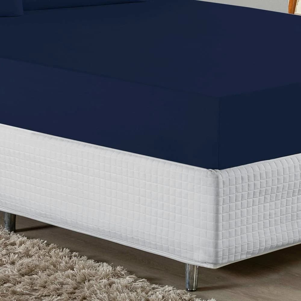 Jogo de Cama Casal Nobre 3 Peças Lençol com Elástico de 30cm de Altura Malha 100% Algodão - Azul-Marinho Azul · Casal — foto 2 de 4