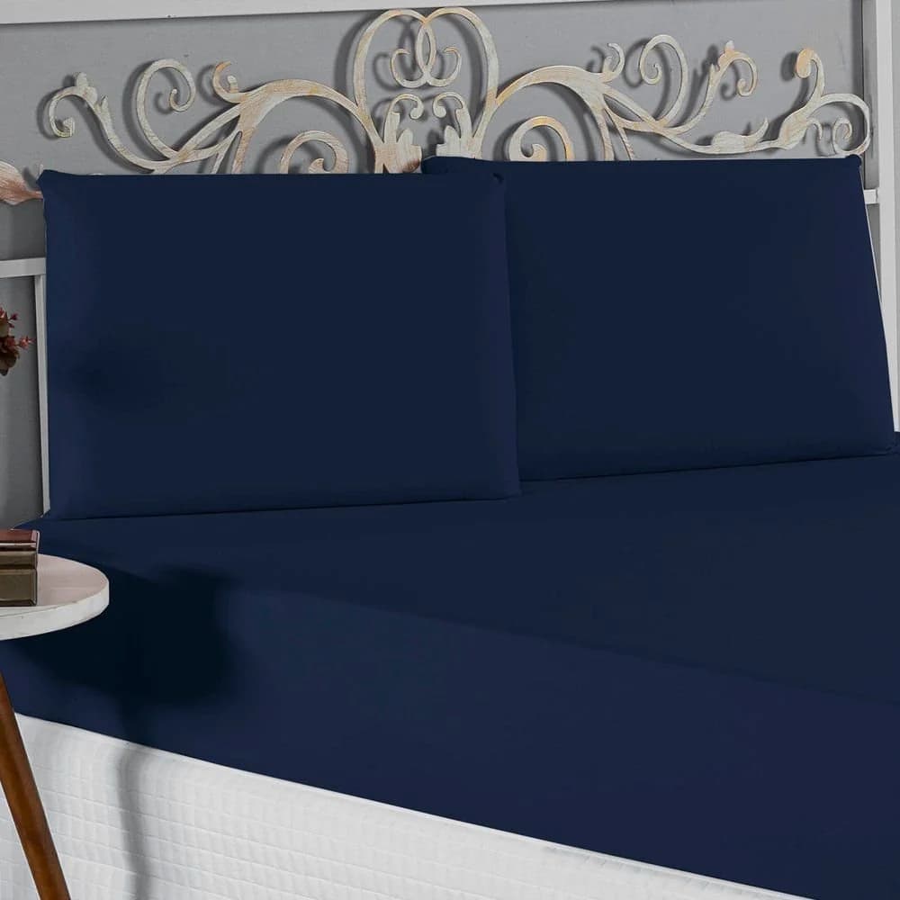 Jogo de Cama Casal Nobre 3 Peças Lençol com Elástico de 30cm de Altura Malha 100% Algodão - Azul-Marinho Azul · Casal — foto 3 de 4