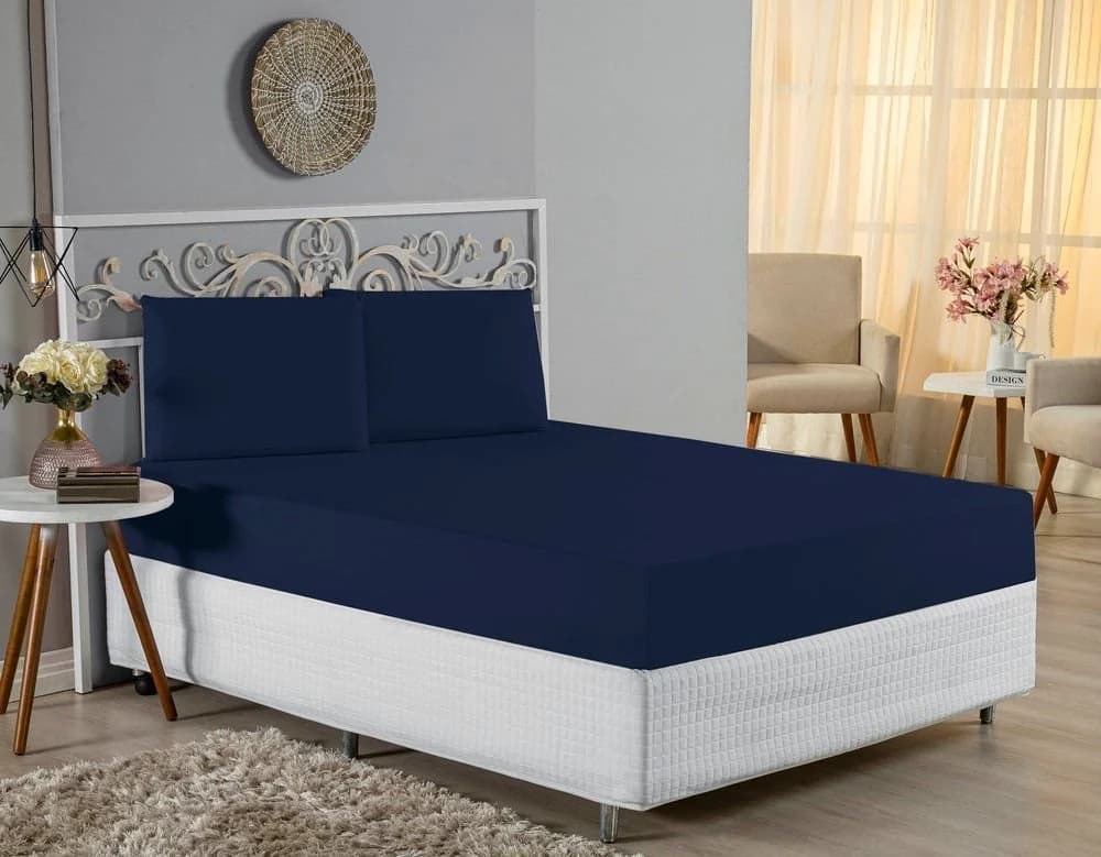 Jogo de Cama Casal Nobre 3 Peças Lençol com Elástico de 30cm de Altura Malha 100% Algodão - Azul-Marinho Azul · Casal — foto 4 de 4