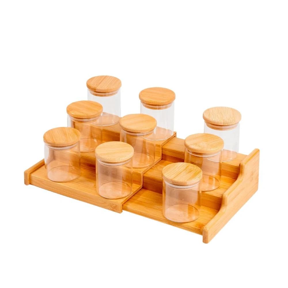 Kit 9 Potes Hermético 200ml com Tampa de Bambu E Rack Organizador de Bambu - Oikos
