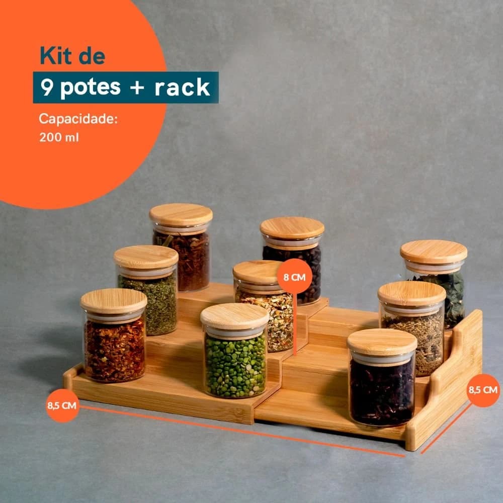 Kit 9 Potes Hermético 200ml com Tampa de Bambu E Rack Organizador de Bambu - Oikos Natural — foto 2 de 8