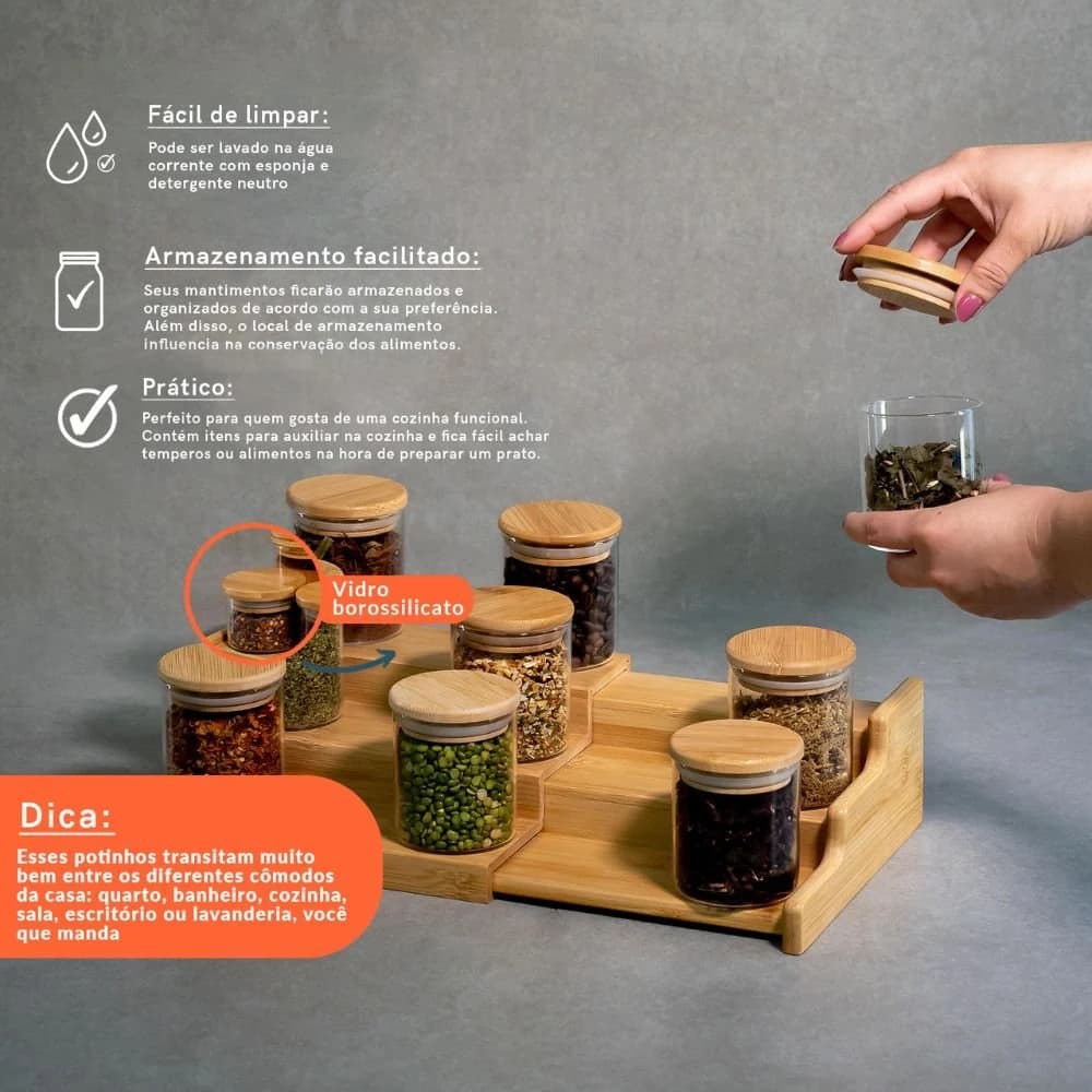 Kit 9 Potes Hermético 200ml com Tampa de Bambu E Rack Organizador de Bambu - Oikos Natural — foto 3 de 8