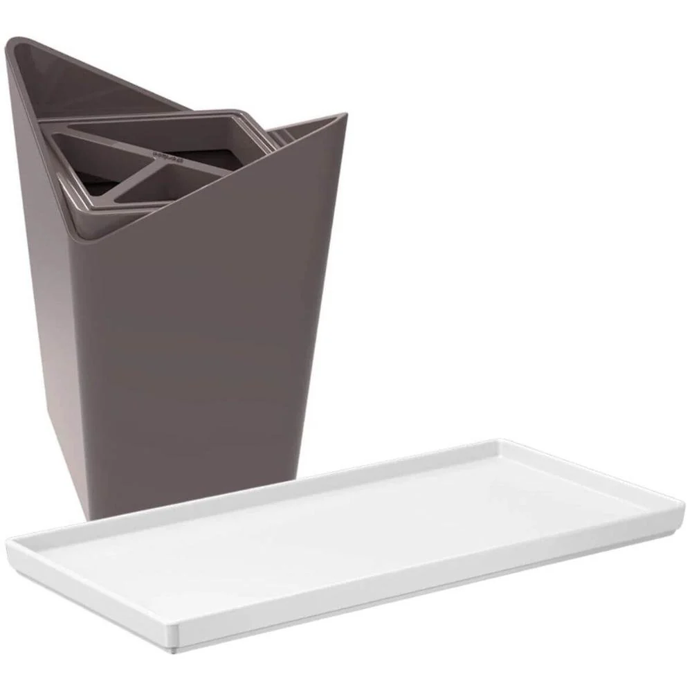 Kit Bandeja Decorativa Branca e Porta Escova de Dentes Cinza Plástico Banheiro Lavabo Cinza — foto 1 de 7