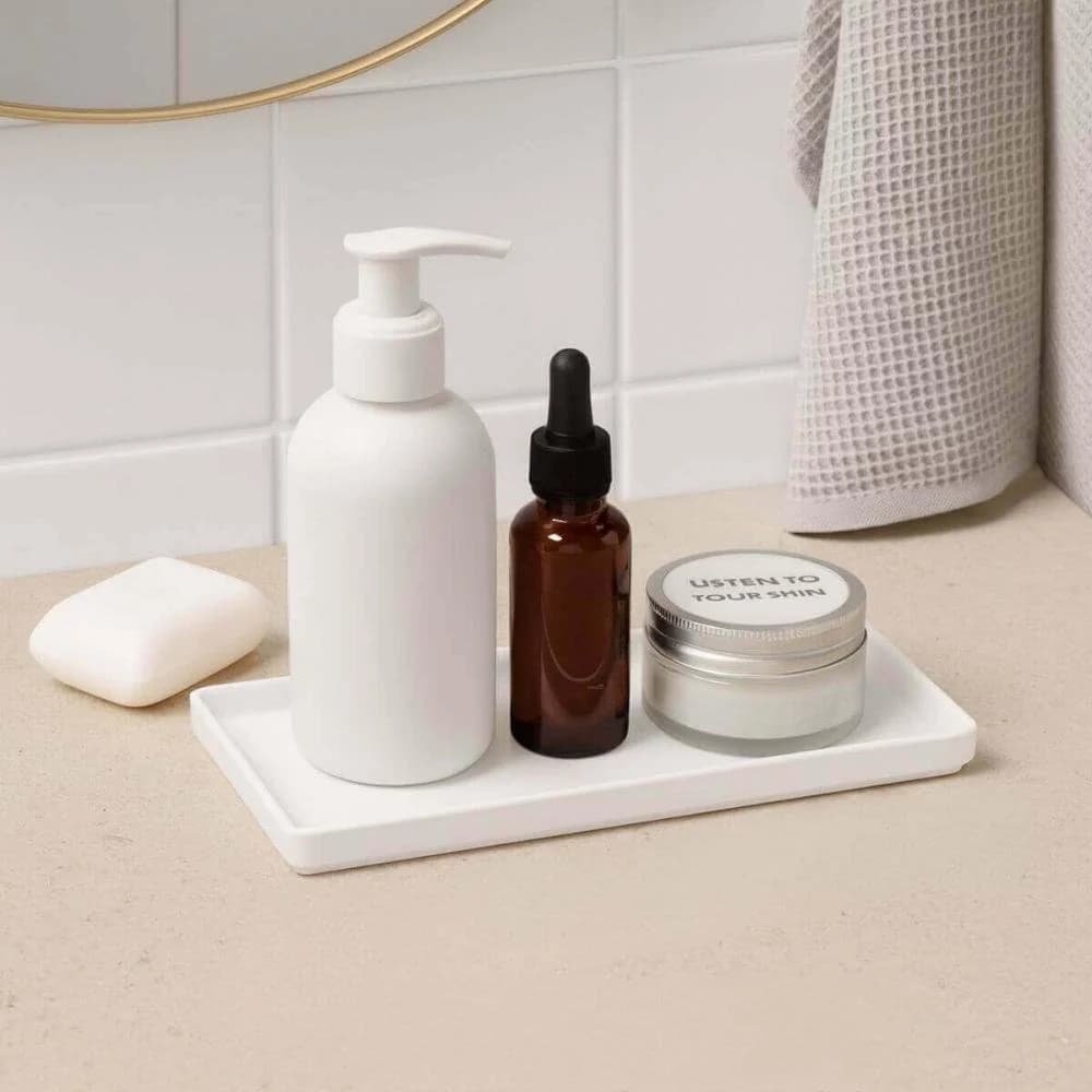 Kit Bandeja Decorativa Branca e Porta Escova de Dentes Cinza Plástico Banheiro Lavabo Cinza — foto 7 de 7