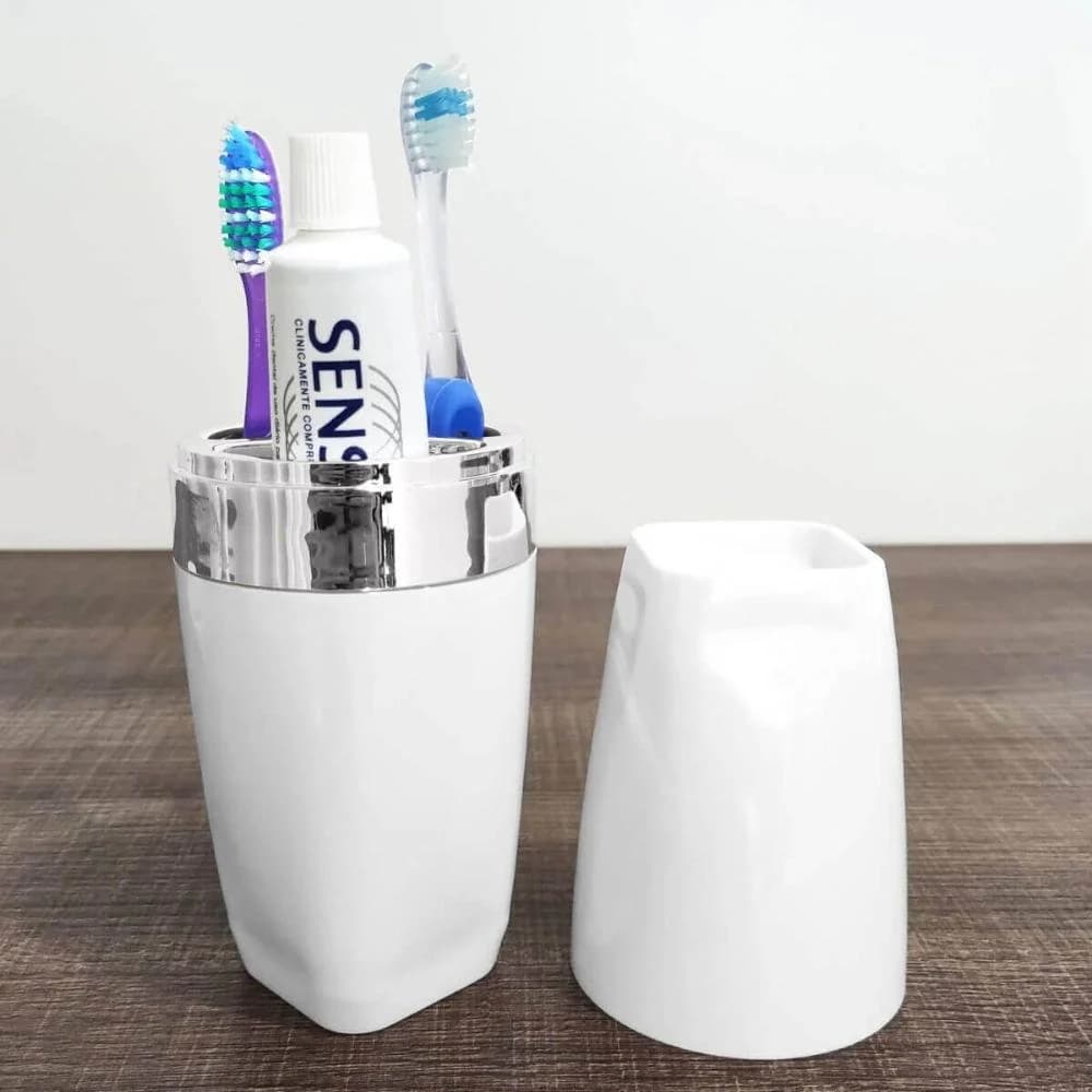 Kit Banheiro Porta Algodão Saboneteira Escova de Dente Lixeira Basculante 12L Branco Branco — foto 2 de 10