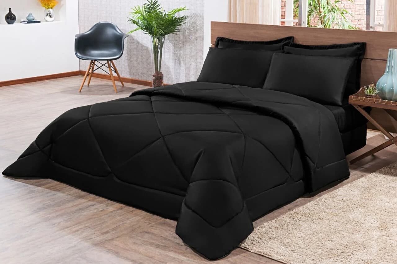 Kit Edredom + Jogo De Lençol Aconchego Look House Dupla Face Solteiro 04 Peças - Preto - 80% Algodão, 20% Poliéster Preto · Solteiro — foto 4 de 4