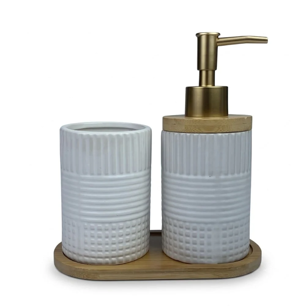 Kit para Banheiro em Porcelana com Bandeja de Bambu (3 Peças) – Dolce Home Bambu · 3 peças — foto 1 de 4