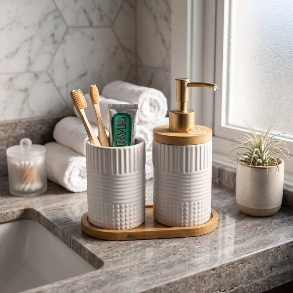Kit para Banheiro em Porcelana com Bandeja de Bambu (3 Peças) – Dolce Home Bambu · 3 peças — foto 2 de 4
