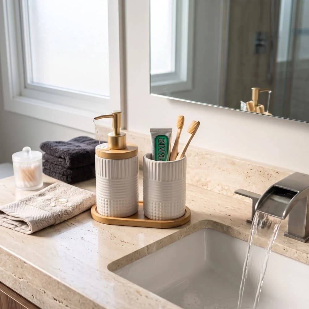 Kit para Banheiro em Porcelana com Bandeja de Bambu (3 Peças) – Dolce Home Bambu · 3 peças — foto 3 de 4