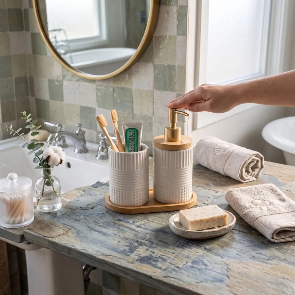 Kit para Banheiro em Porcelana com Bandeja de Bambu (3 Peças) – Dolce Home Bambu · 3 peças — foto 4 de 4