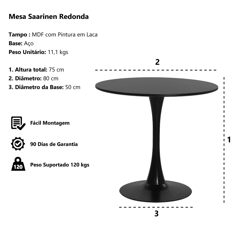 Mesa Saarinen Tulipa Redonda 80cm Tampo Madeira Preto Sala Cozinha Jantar Preto — foto 3 de 3