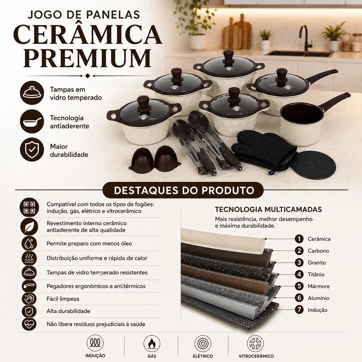 Jogo De Panela Monaco Cerâmica Premium 20PCS/21PCS - Antiaderente Creme Platinum 21pcs — foto 2 de 9