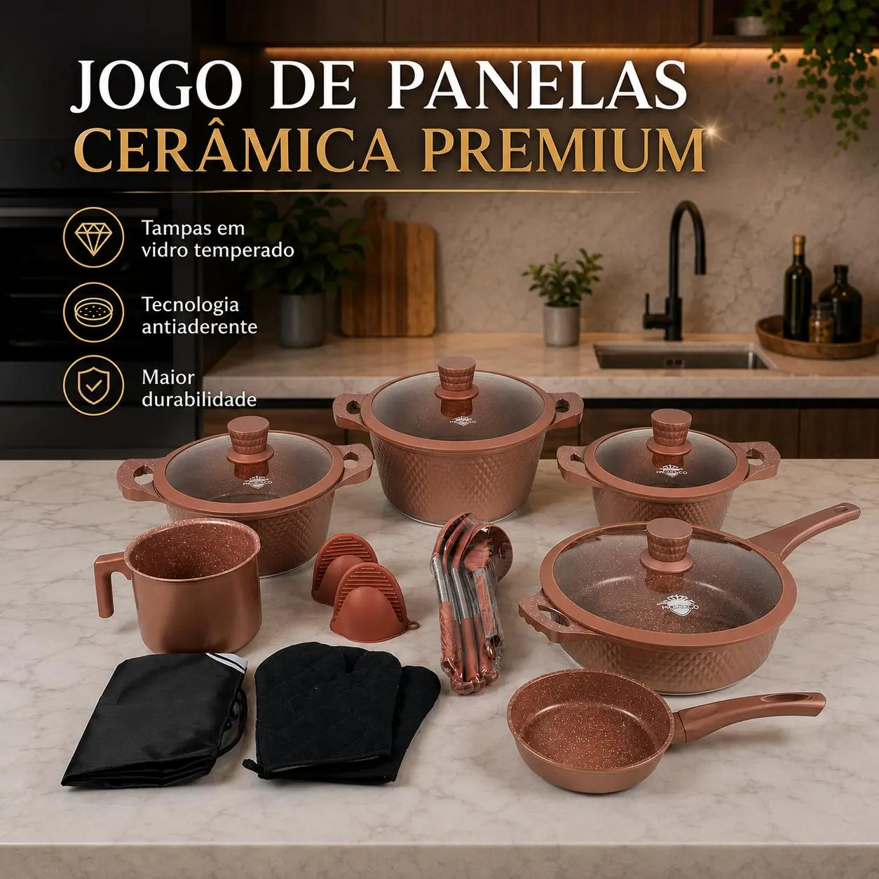 Jogo De Panela Monaco Cerâmica Premium 20PCS/21PCS - Antiaderente Creme Platinum 21pcs — foto 4 de 9