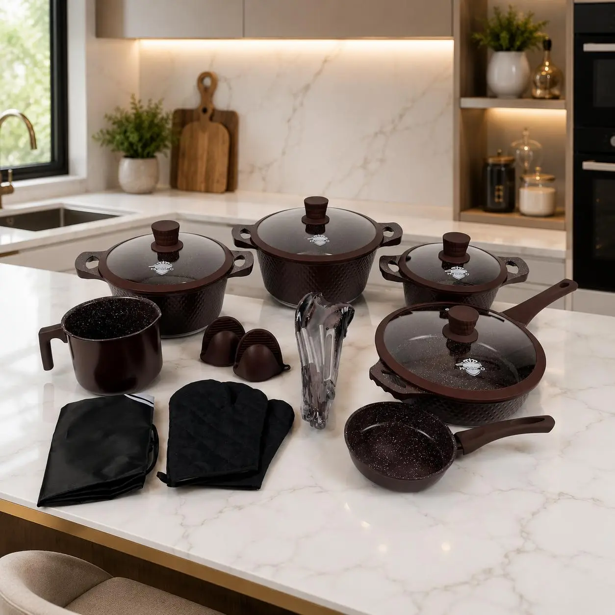 Jogo De Panela Monaco Cerâmica Premium 20PCS/21PCS - Antiaderente Creme Platinum 21pcs — foto 7 de 9