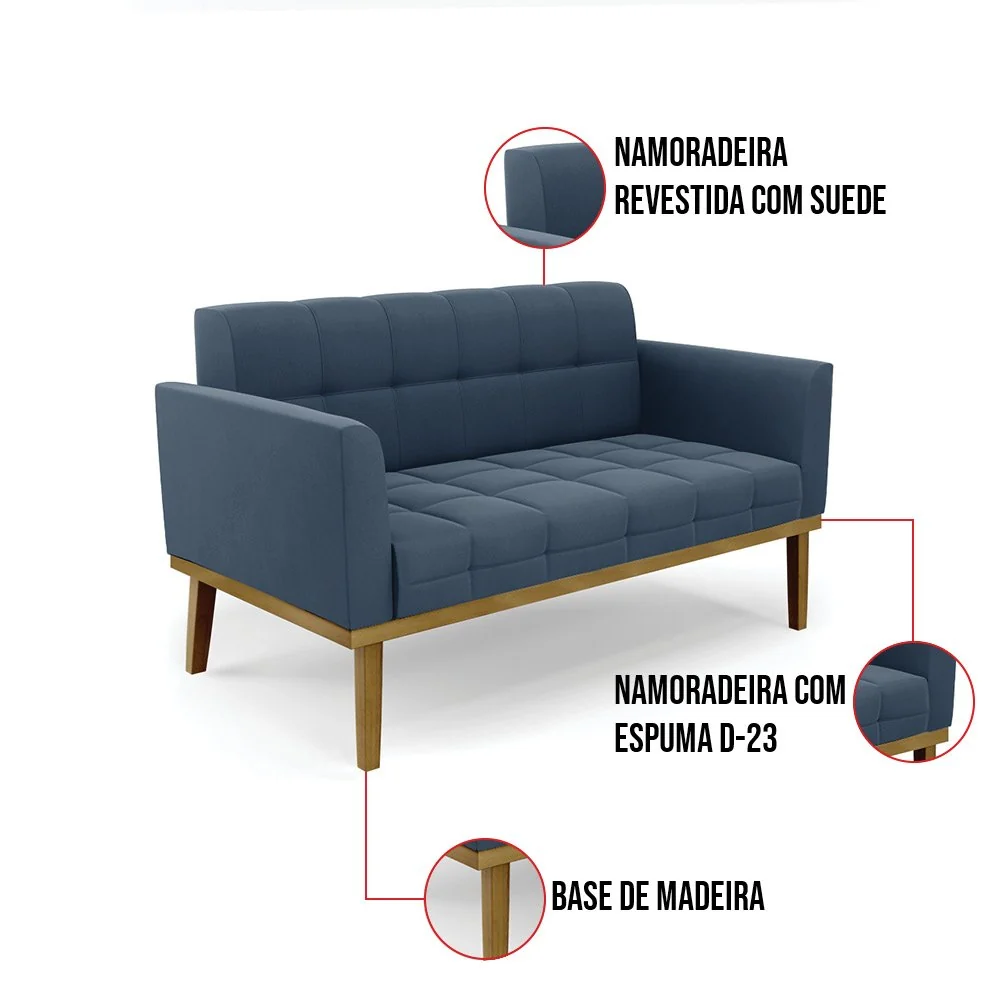 Namoradeira e 2 Poltronas Base de Madeira Castanho Elisa Suede Azul Marinho D03 - D'Rossi Azul marinho — foto 6 de 8