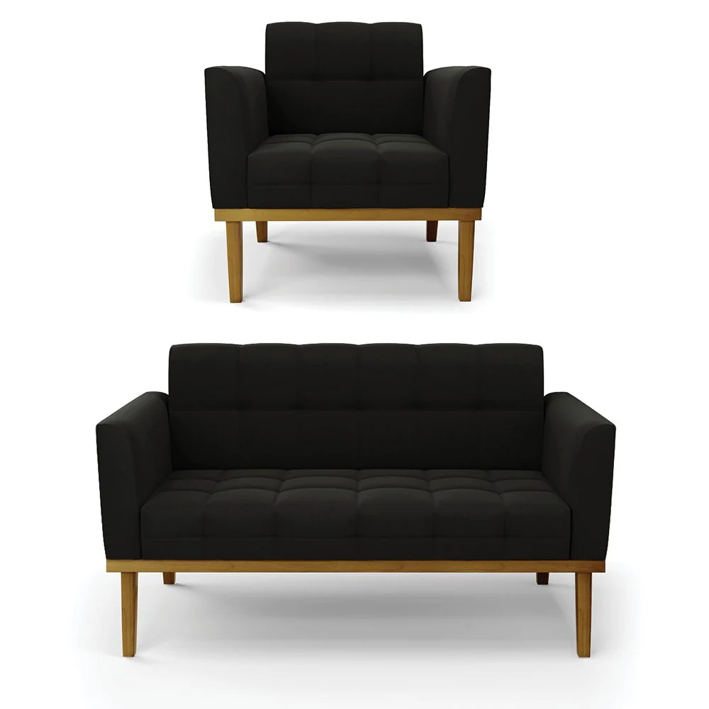 Namoradeira e Poltrona Base de Madeira Castanho Elisa Suede Preto D03 - D'Rossi