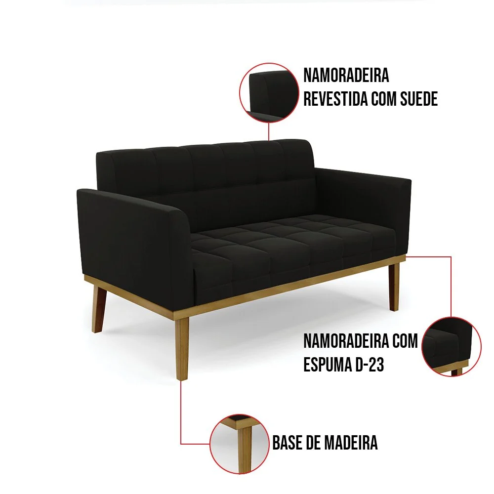 Namoradeira e Poltrona Base de Madeira Castanho Elisa Suede Preto D03 - D'Rossi Castanho — foto 6 de 8