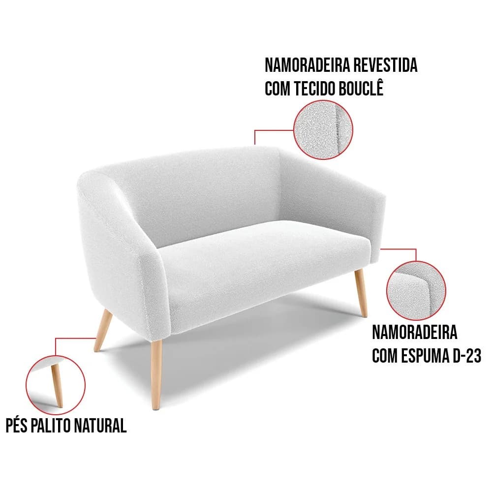 Sofá 2 Lugares Namoradeira Pé Palito Natural Stella Bouclê D03 - D'Rossi Off White — foto 3 de 6