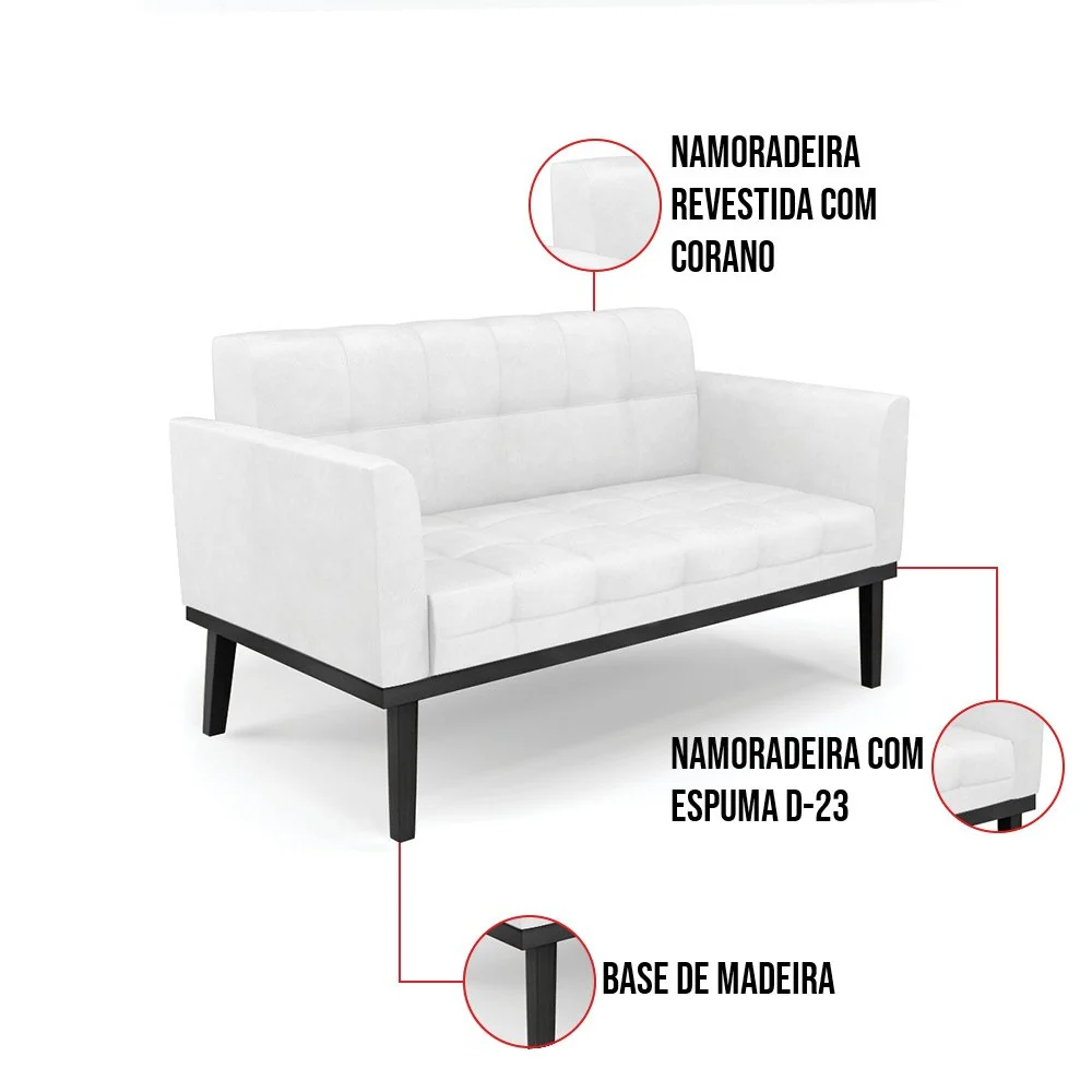 Sofá Namoradeira 2 Lugares Base de Madeira Preto Elisa Corano D03 - D'Rossi Branco — foto 6 de 7
