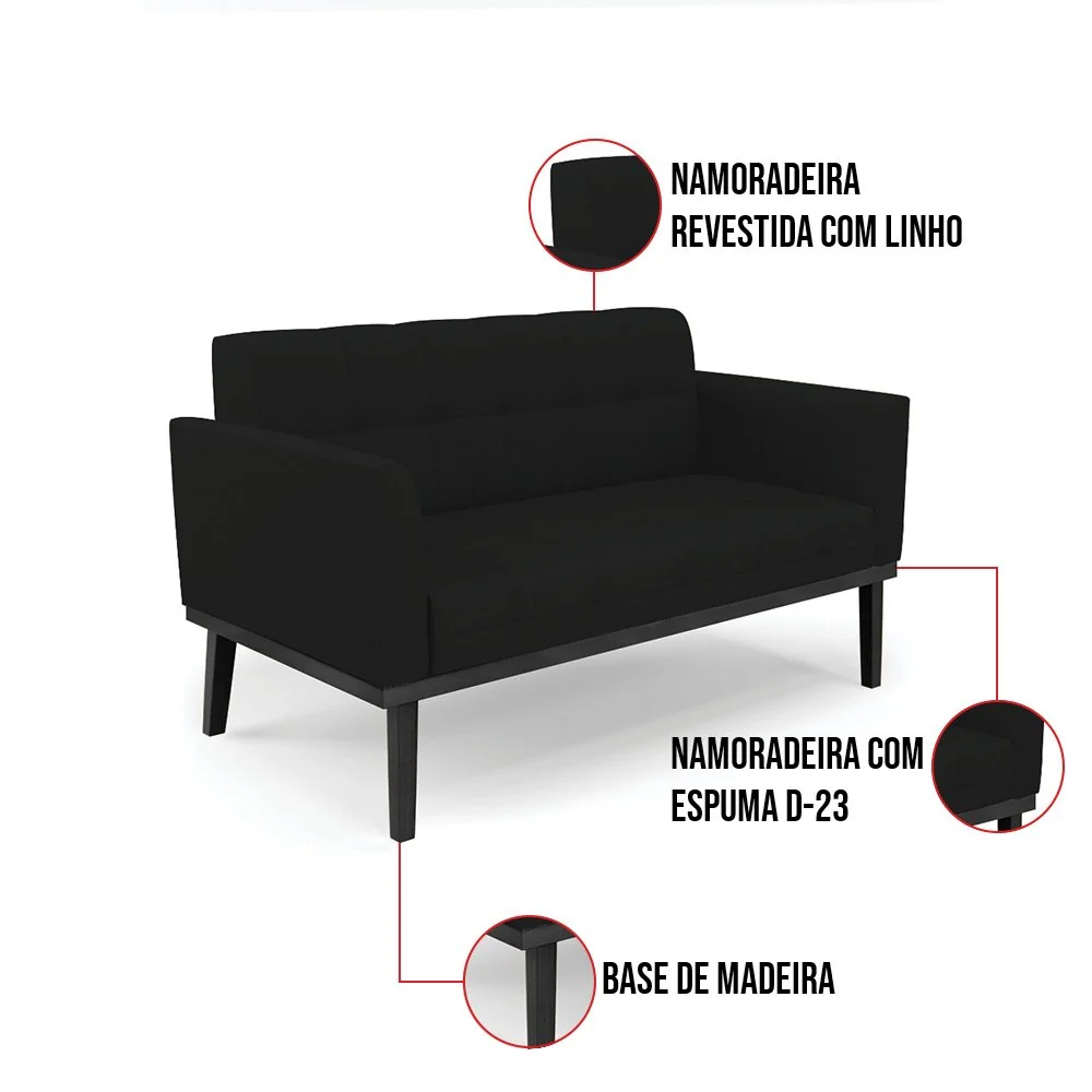 Sofá Namoradeira 2 Lugares Base de Madeira Preto Elisa Linho D03 - D'Rossi A79 Preto — foto 6 de 7
