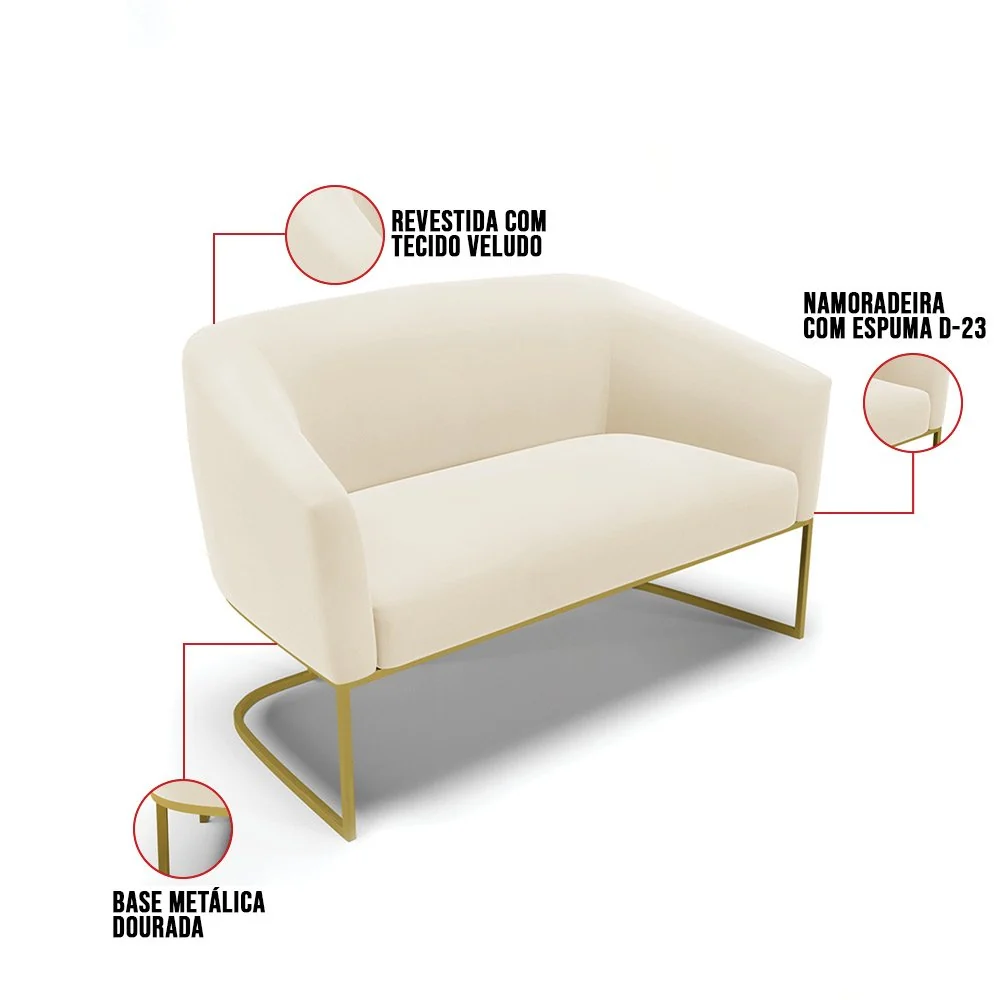 Sofá Namoradeira 2 Lugares Base Industrial Dourado Stella Veludo D03 - D'Rossi Bege — foto 4 de 5