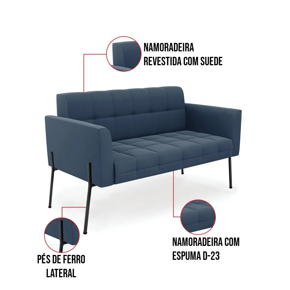 Sofá Namoradeira 2 Lugares Pé de Ferro Preto Elisa Suede D03 - D'Rossi Azul Marinho — foto 5 de 6