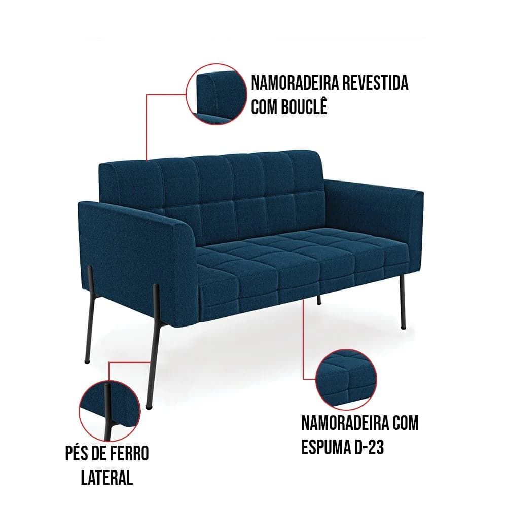 Sofá Namoradeira 2 Lugares Pé Ferro Pto Elisa Bouclê D03 - D'Rossi Azul — foto 3 de 6