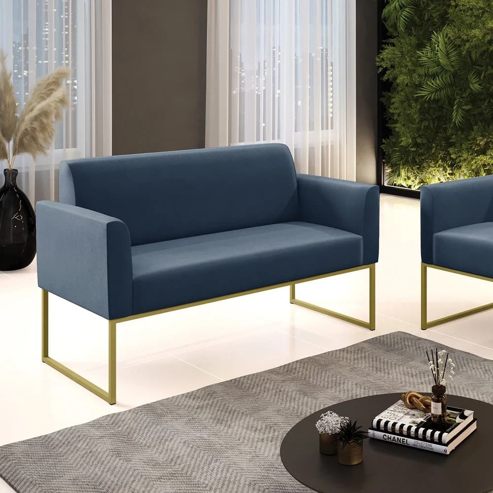 Sofá Namoradeira Base Industrial Dourado Marisa Suede Azul Marinho D03 - D'Rossi Azul marinho — foto 2 de 7