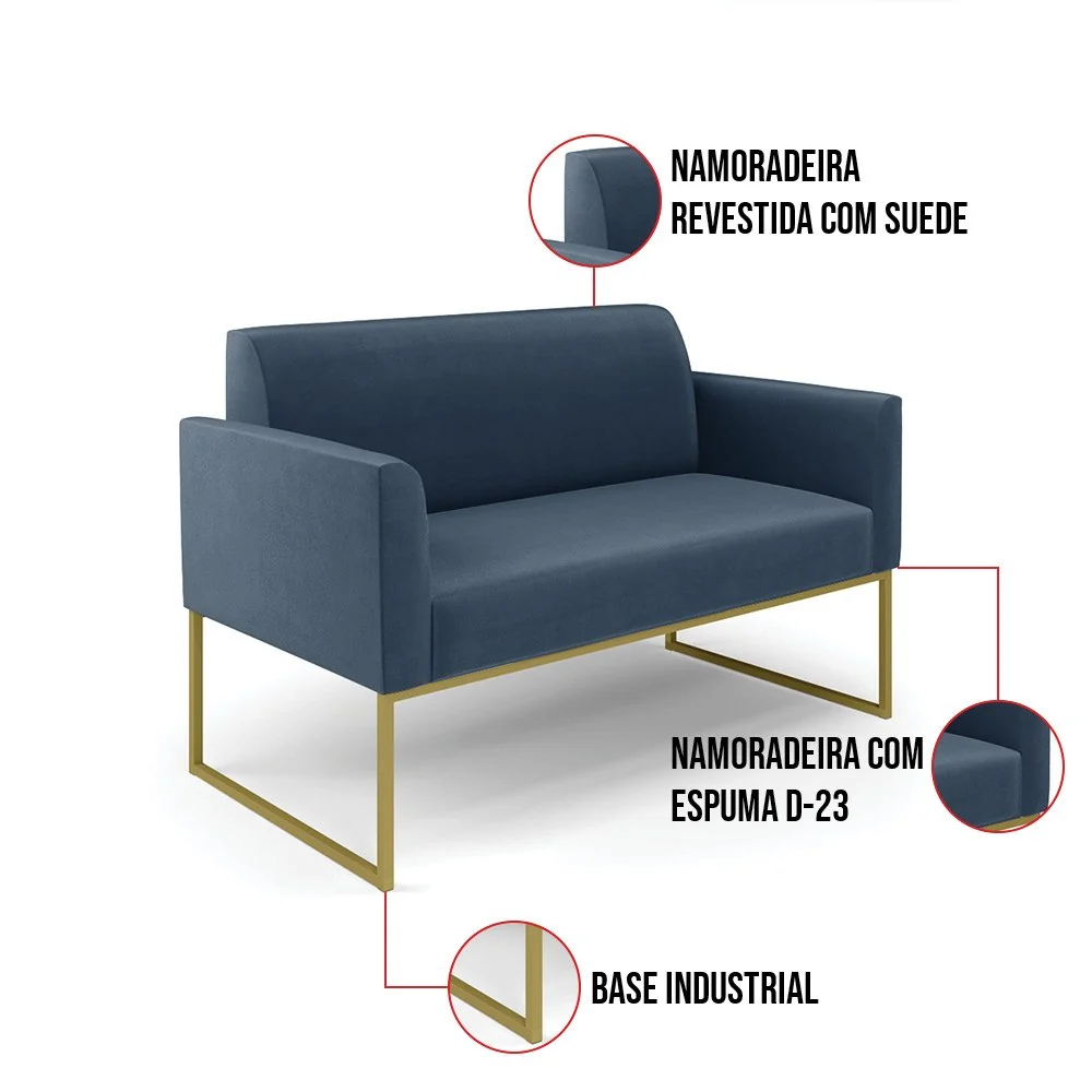 Sofá Namoradeira Base Industrial Dourado Marisa Suede Azul Marinho D03 - D'Rossi Azul marinho — foto 6 de 7