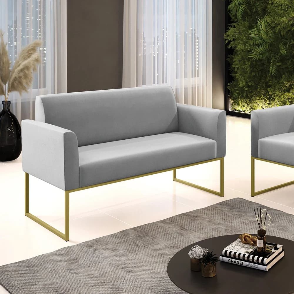 Sofá Namoradeira Base Industrial Dourado Marisa Suede Cinza D03 - D'Rossi Dourado — foto 2 de 7