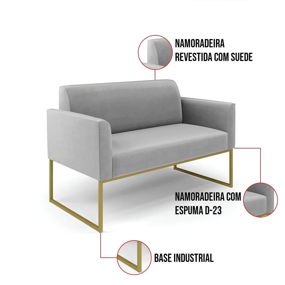 Sofá Namoradeira Base Industrial Dourado Marisa Suede Cinza D03 - D'Rossi Dourado — foto 6 de 7