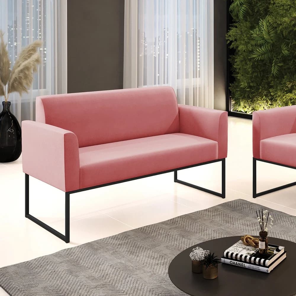 Sofá Namoradeira Base Industrial Preto Marisa Suede Rosê D03 - D'Rossi Rosé — foto 2 de 6