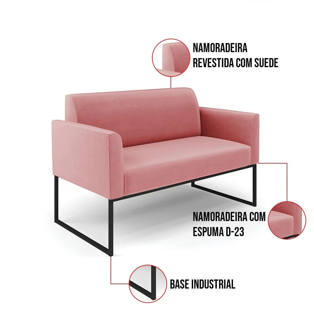 Sofá Namoradeira Base Industrial Preto Marisa Suede Rosê D03 - D'Rossi Rosé — foto 6 de 6