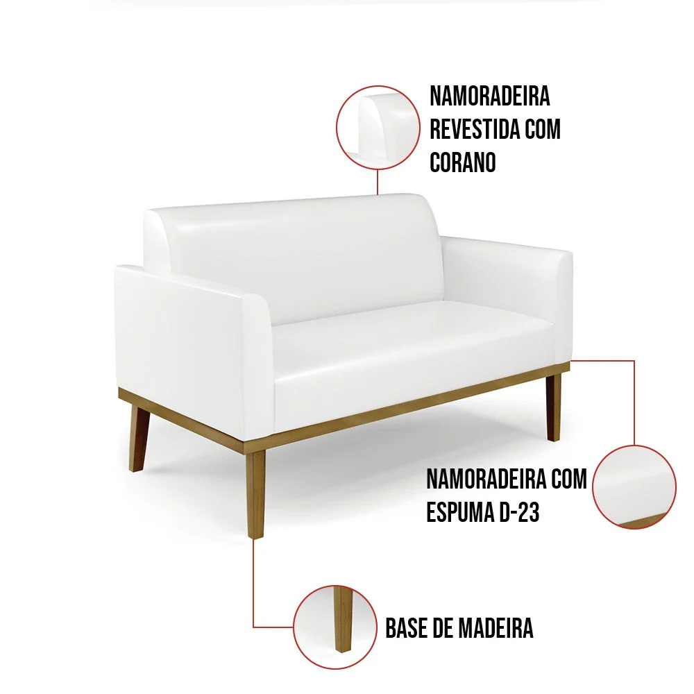 Sofá Namoradeira com 2 Poltronas Base de Madeira Fixa Castanho Marisa Corano Branco D03 - D'Rossi Castanho — foto 6 de 8