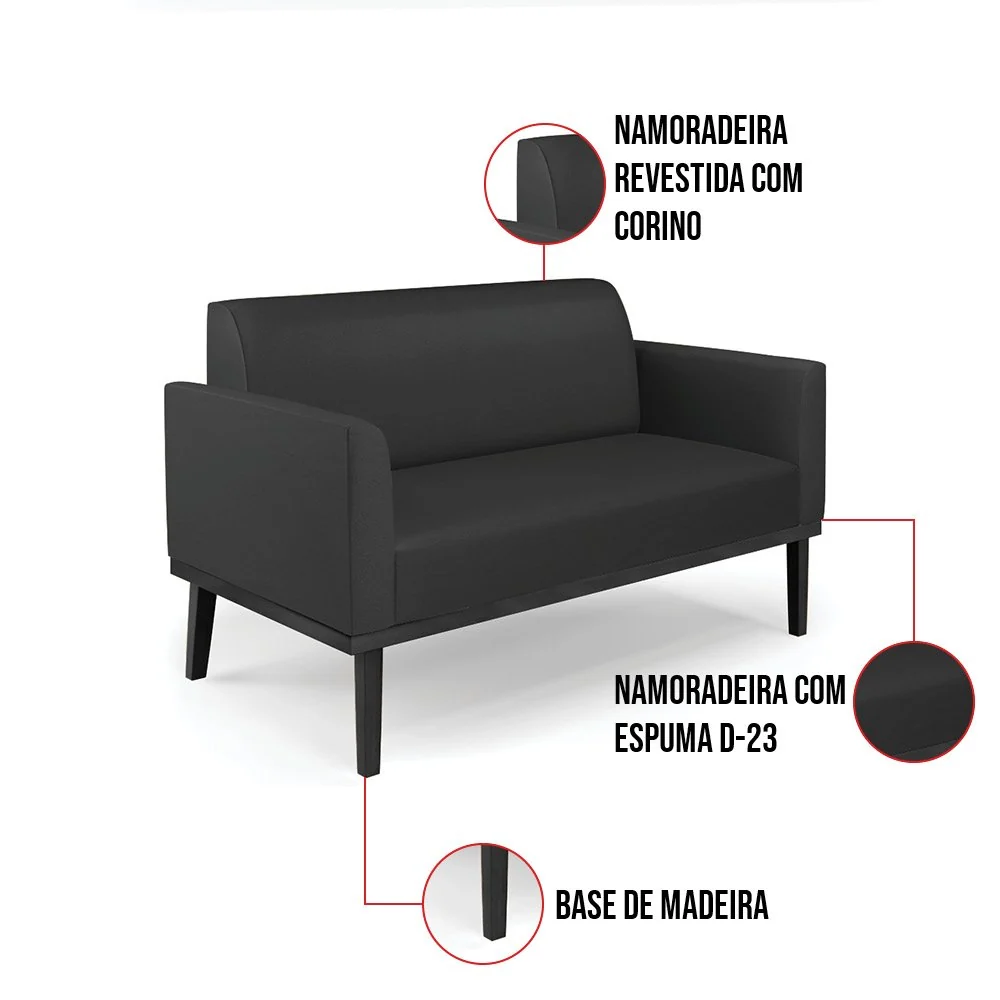 Sofá Namoradeira com Poltrona Base de Madeira Fixa Preto Marisa Corino Preto D03 - D'Rossi Preto — foto 6 de 8
