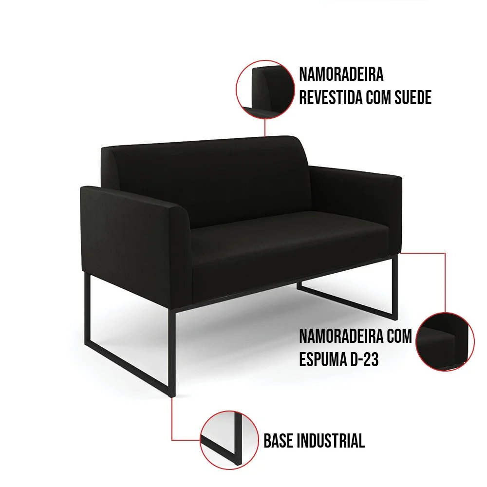 Sofá Namoradeira com Poltrona Base Industrial Preto Marisa Suede Preto D03 - D'Rossi Preto — foto 6 de 8