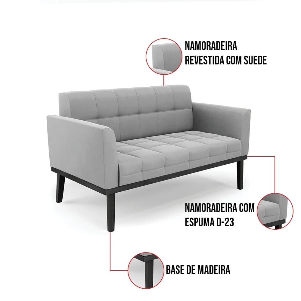 Sofá Namoradeira e 2 Poltronas Base de Madeira Preto Elisa Suede Cinza D03 - D'Rossi Preto — foto 6 de 8