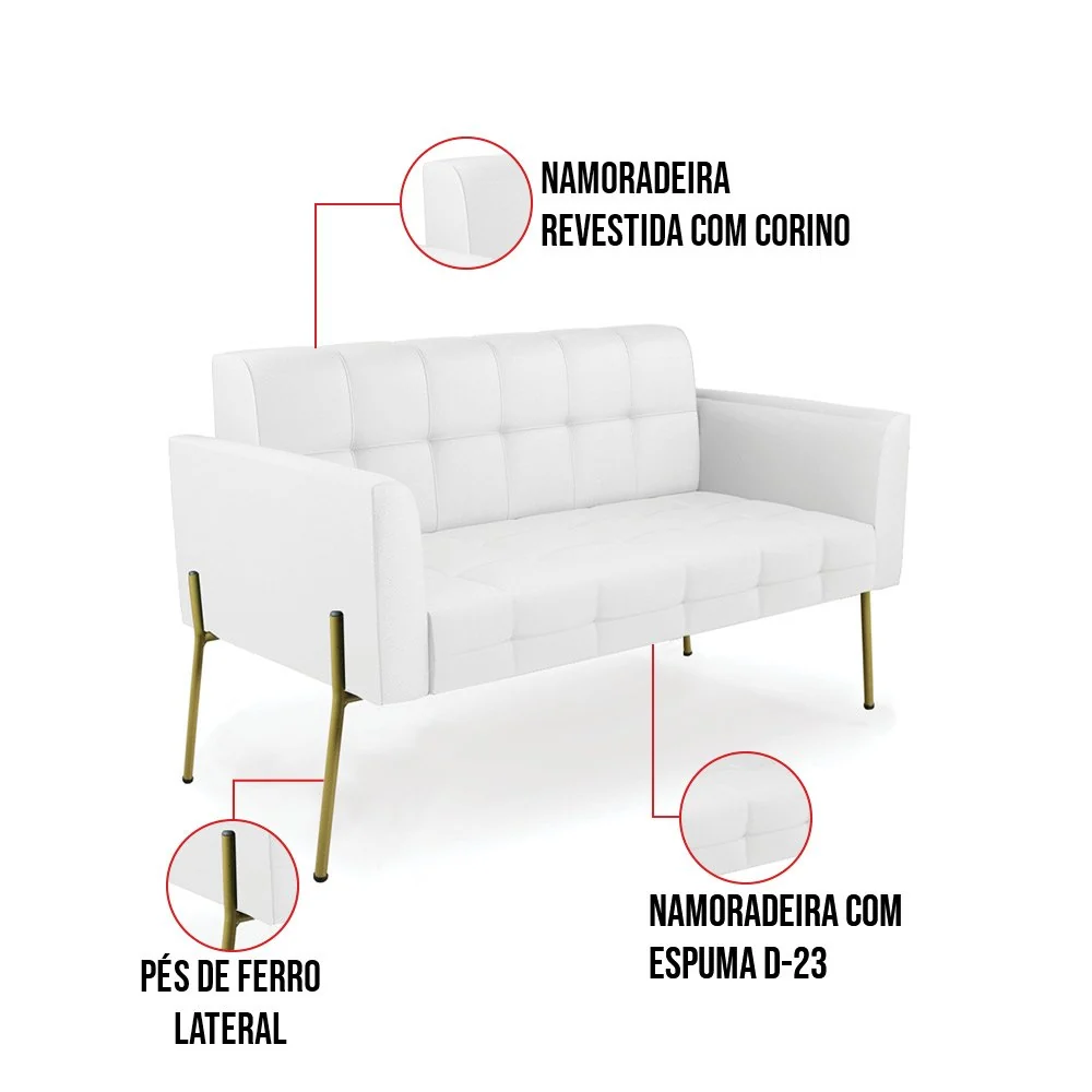Sofá Namoradeira e Poltrona Base Pé de Ferro Dourado Elisa Corino Branco D03 - D'Rossi Dourado — foto 6 de 8