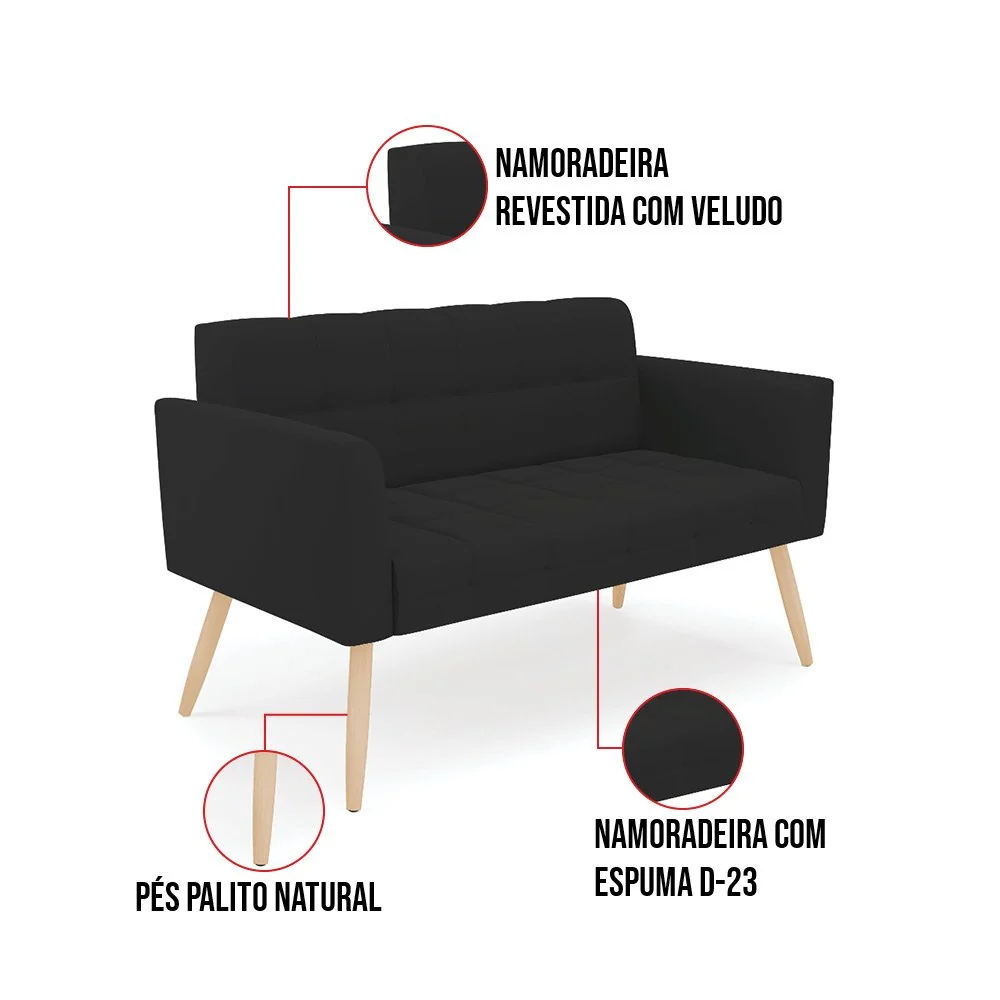 Sofá Namoradeira Elisa Veludo Pés Palito Natural D03 - D'Rossi Preto — foto 6 de 7