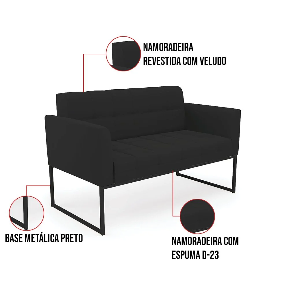 Sofá Namoradeira Elisa Veludo Preto Base Metálica Industrial Preto - D'Rossi Preto — foto 7 de 7