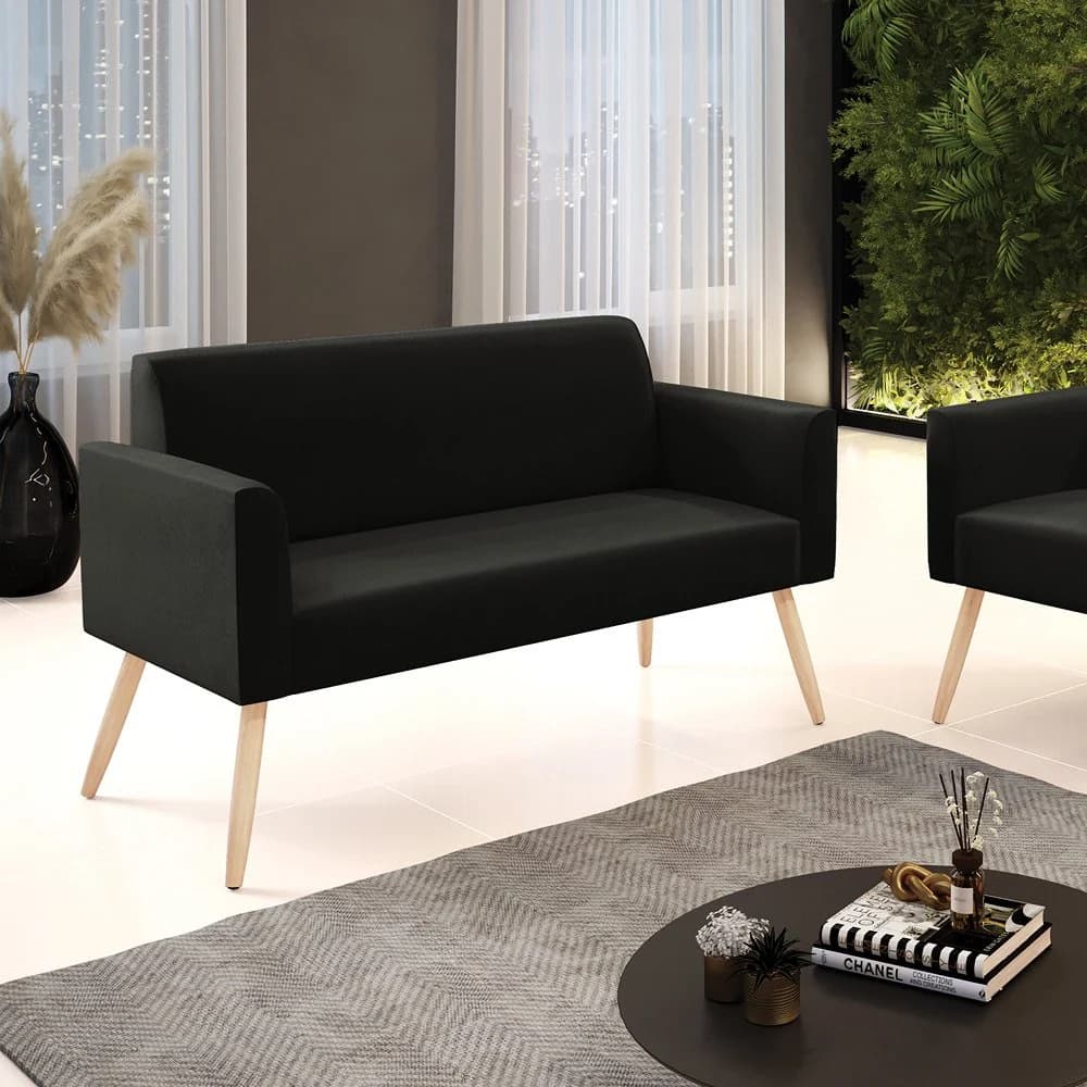 Sofá Namoradeira Pés Palito Natural Marisa Suede Preto D03 - D'Rossi Natural — foto 2 de 7