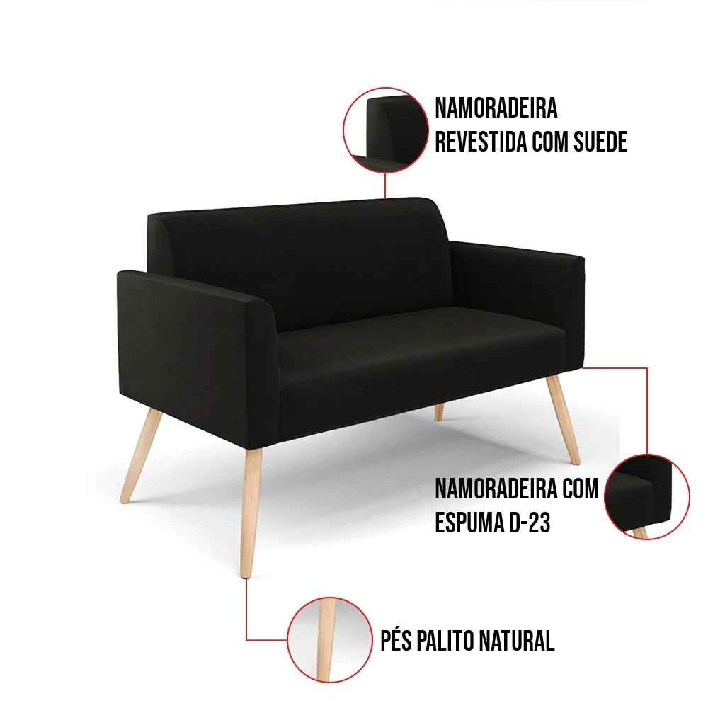Sofá Namoradeira Pés Palito Natural Marisa Suede Preto D03 - D'Rossi Natural — foto 6 de 7